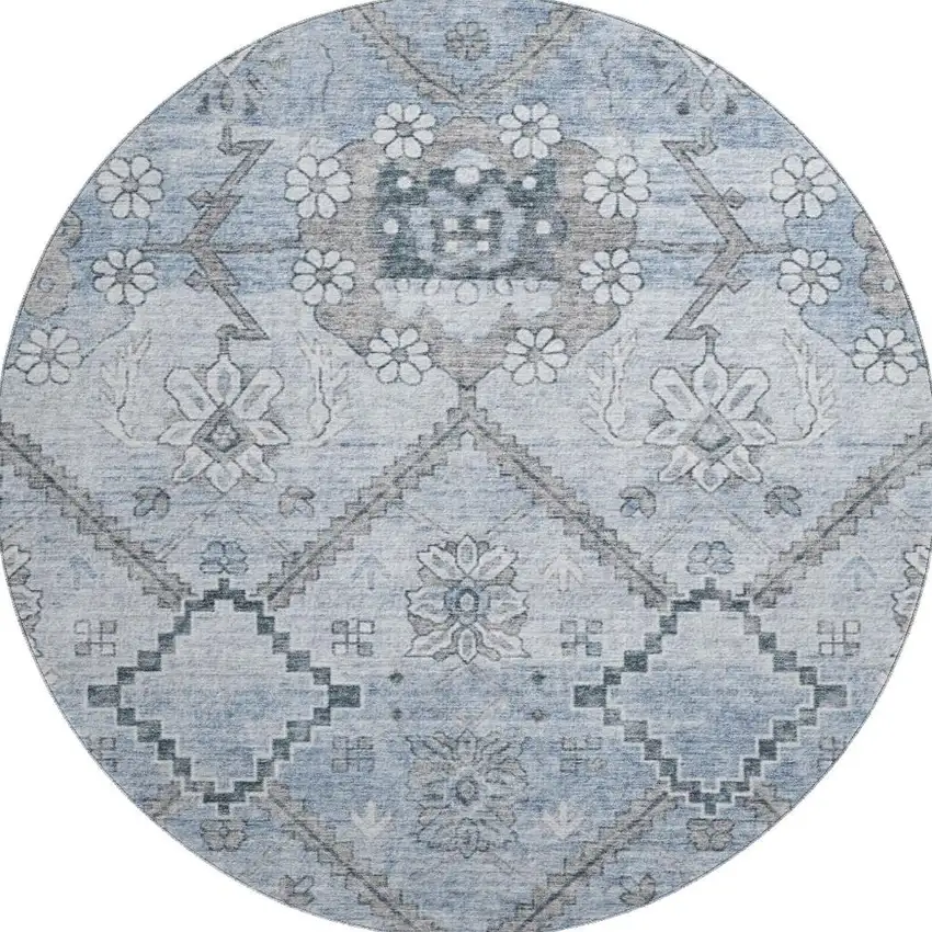 8' Blue And Gray Floral Washable Round Rug With UV Protection Photo 4