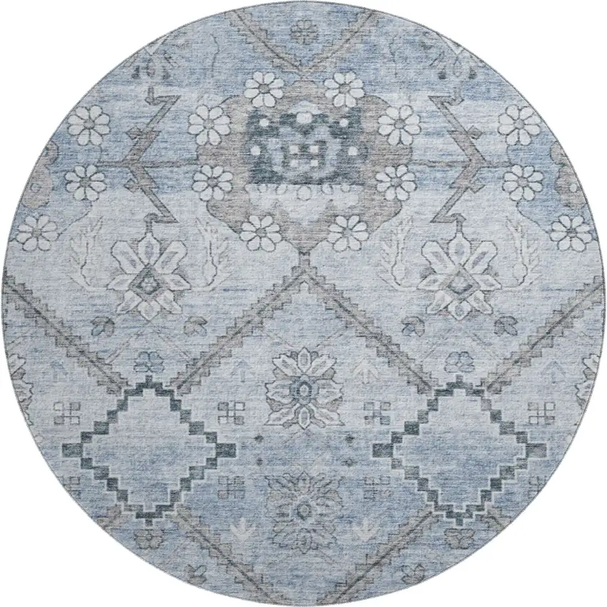 8' Blue And Gray Floral Washable Round Rug With UV Protection Photo 1