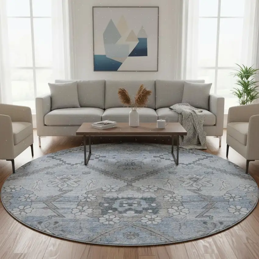 8' Blue And Gray Floral Washable Round Rug With UV Protection Photo 2