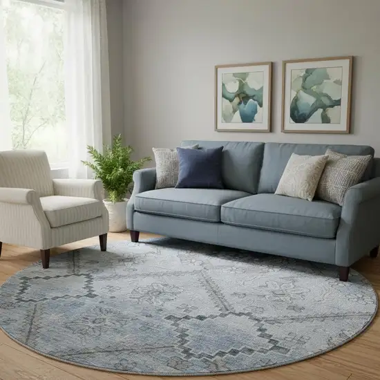 8' Blue And Gray Floral Washable Round Rug With UV Protection Photo 1