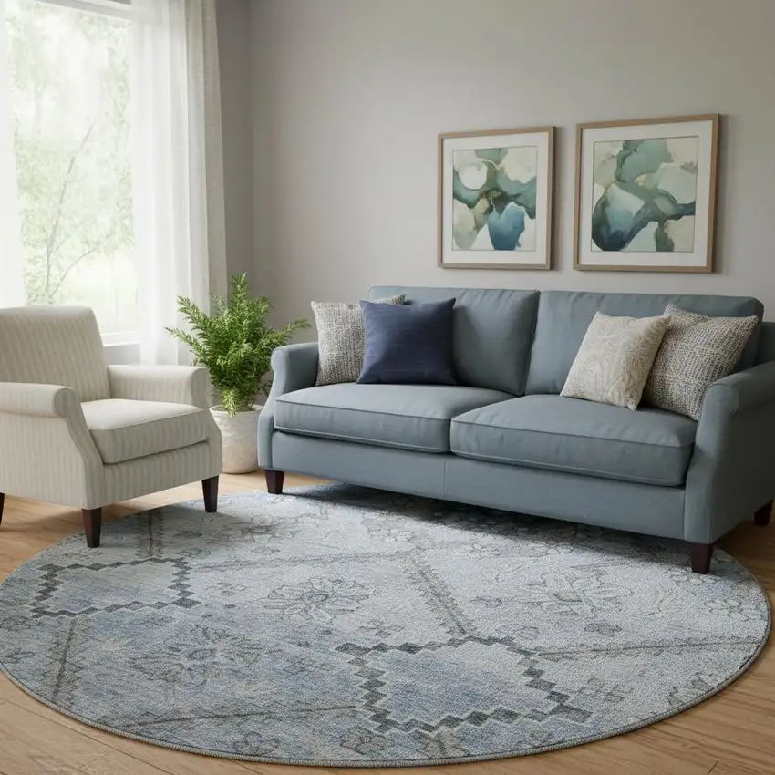 8' Blue And Gray Floral Washable Round Rug With UV Protection Photo 1