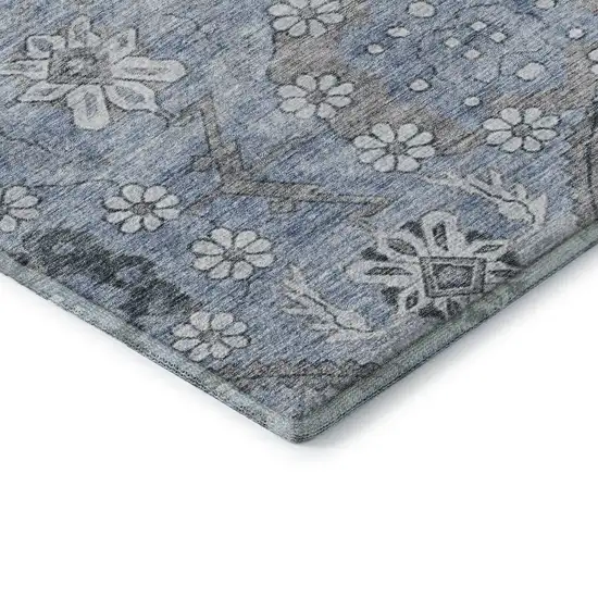 8' Blue And Gray Floral Washable Round Rug With UV Protection Photo 7