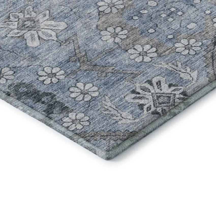 8' Blue And Gray Floral Washable Round Rug With UV Protection Photo 7