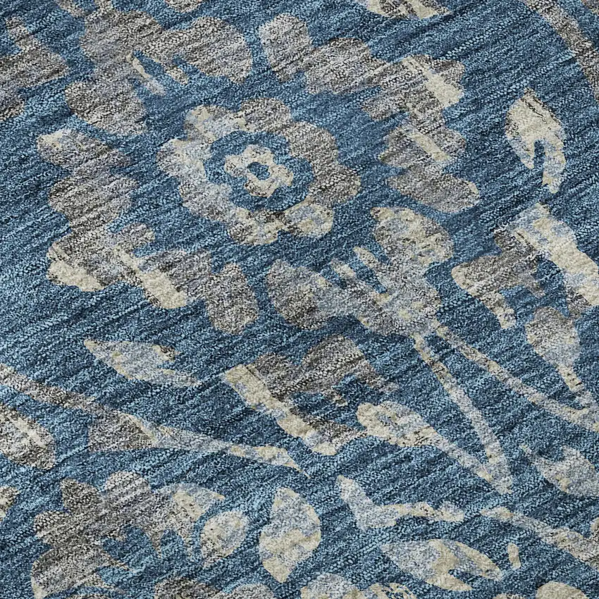 8' Blue And Gray Floral Washable Round Rug With UV Protection Photo 8