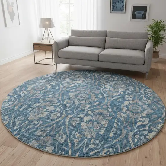 8' Blue And Gray Floral Washable Round Rug With UV Protection Photo 2