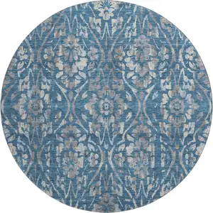 Photo of 8' Blue And Gray Floral Washable Round Rug With UV Protection