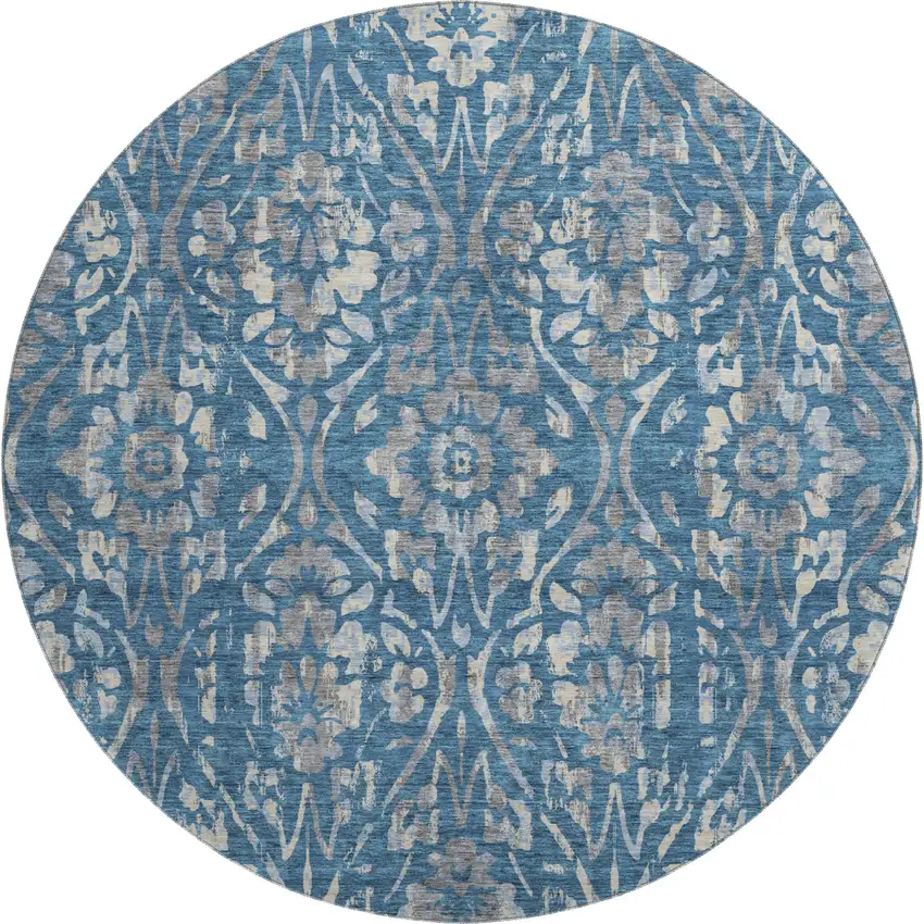 8' Blue And Gray Floral Washable Round Rug With UV Protection Photo 1
