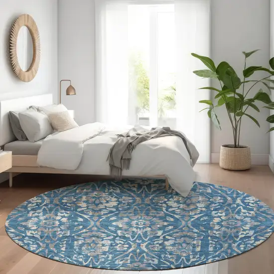 8' Blue And Gray Floral Washable Round Rug With UV Protection Photo 4