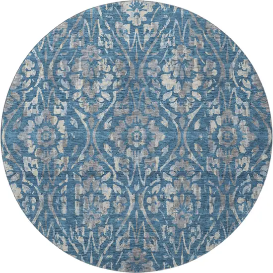 8' Blue And Gray Floral Washable Round Rug With UV Protection Photo 3