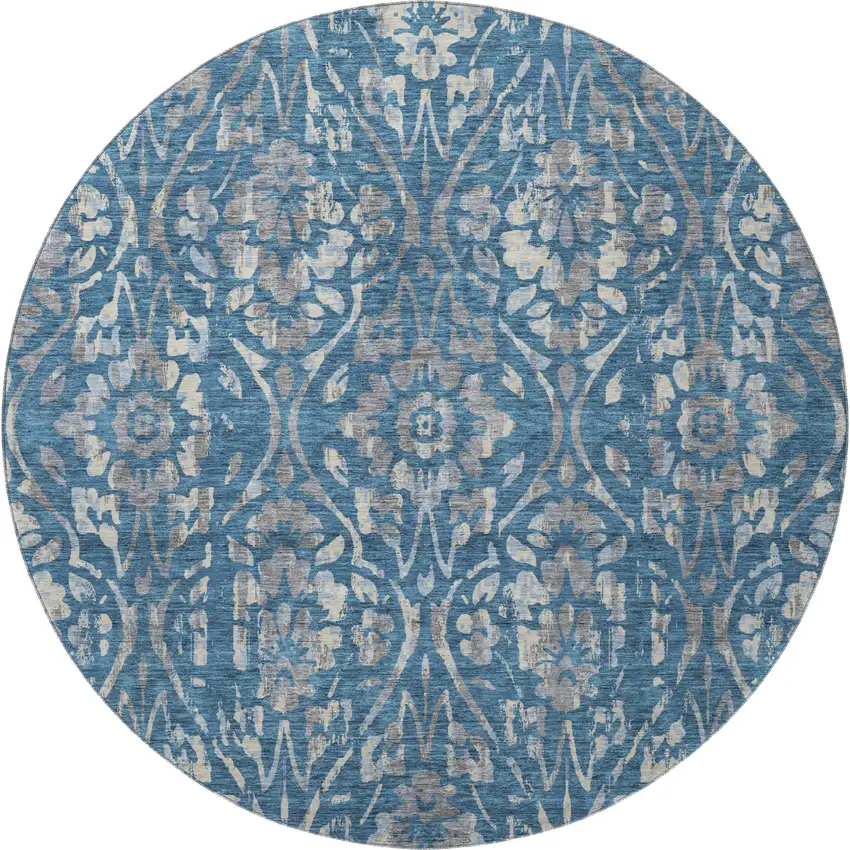 8' Blue And Gray Floral Washable Round Rug With UV Protection Photo 3