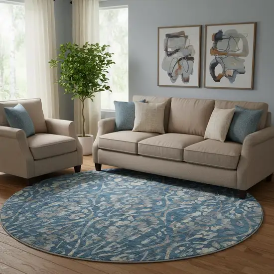 8' Blue And Gray Floral Washable Round Rug With UV Protection Photo 1
