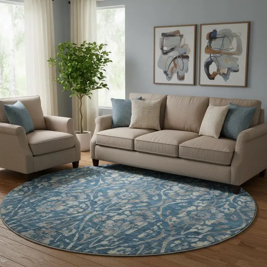 8' Blue And Gray Floral Washable Round Rug With UV Protection Photo 1