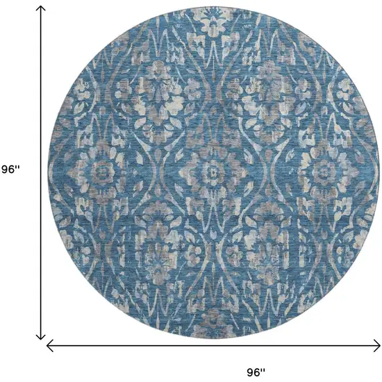 8' Blue And Gray Floral Washable Round Rug With UV Protection Photo 9