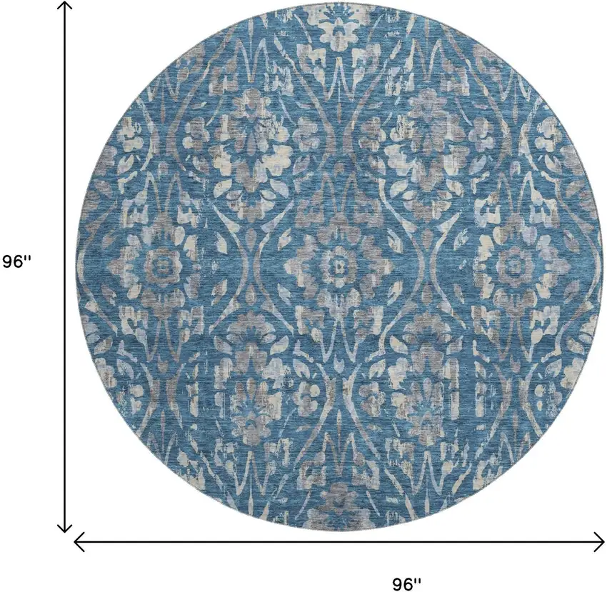 8' Blue And Gray Floral Washable Round Rug With UV Protection Photo 9