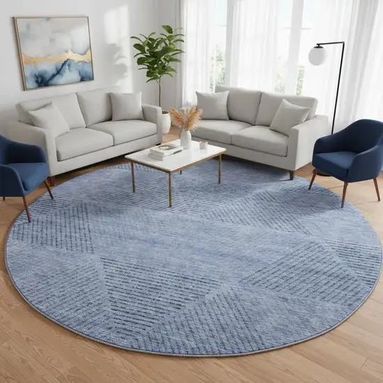 8' Blue And Gray Geometric Washable Round Rug With UV Protection Photo 2