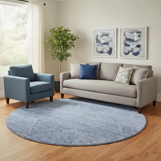 8' Blue And Gray Geometric Washable Round Rug With UV Protection Photo 1