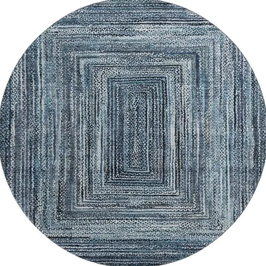 8' Blue And Gray Geometric Washable Round Rug With UV Protection Photo 3
