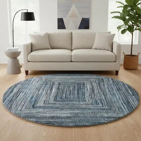 8' Blue And Gray Geometric Washable Round Rug With UV Protection Photo 2