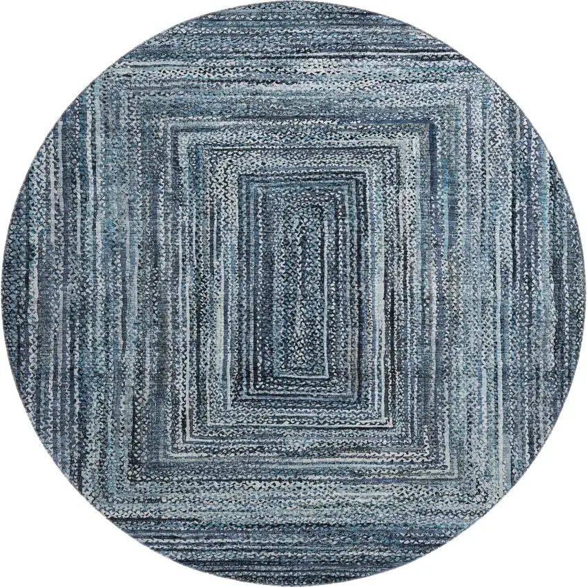 8' Blue And Gray Geometric Washable Round Rug With UV Protection Photo 1