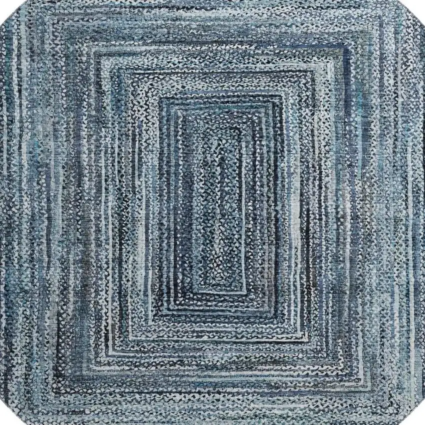 8' Blue And Gray Geometric Washable Round Rug With UV Protection Photo 2