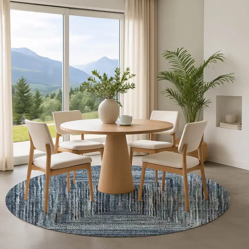 8' Blue And Gray Geometric Washable Round Rug With UV Protection Photo 4