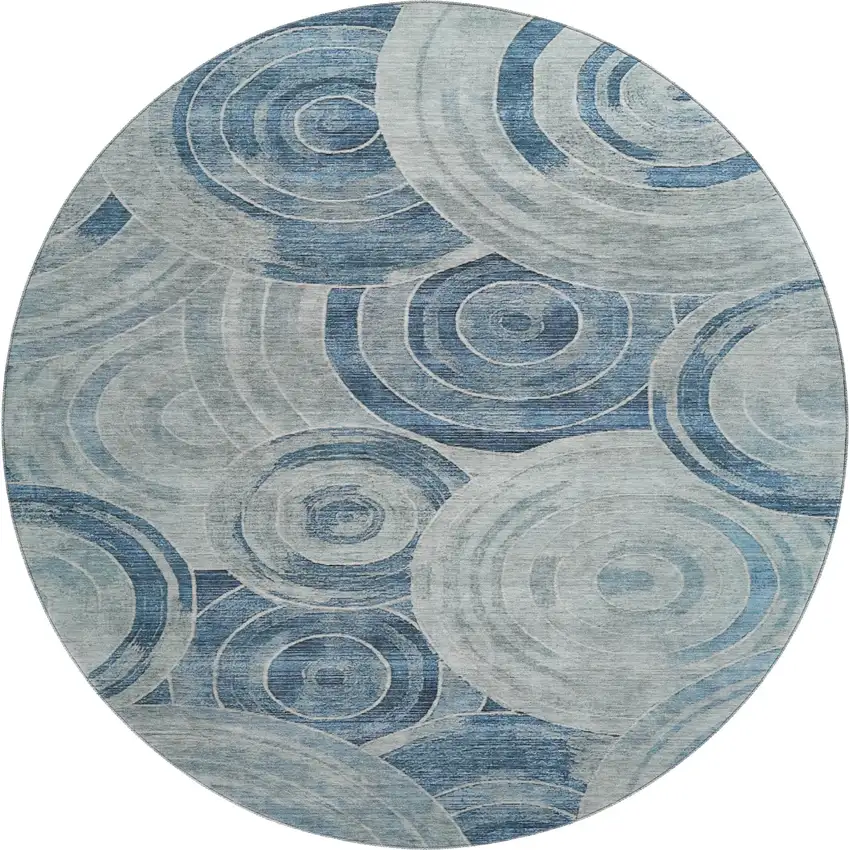8' Blue And Gray Geometric Washable Round Rug With UV Protection Photo 1