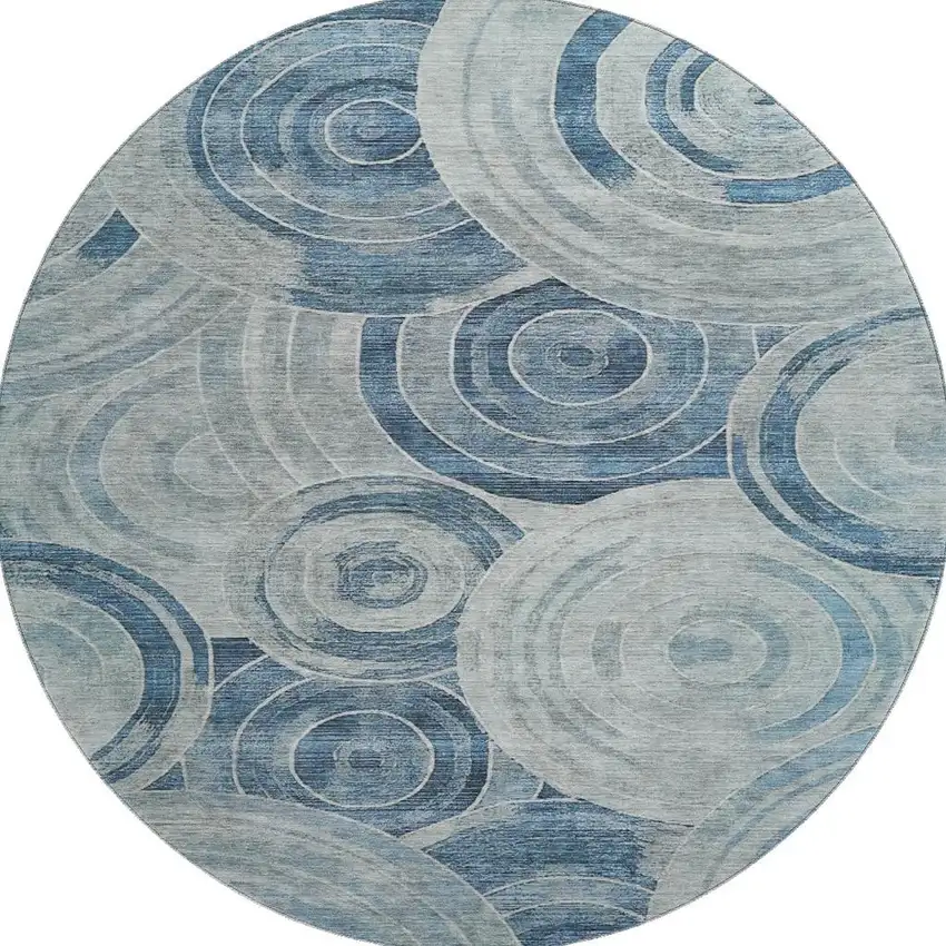 8' Blue And Gray Geometric Washable Round Rug With UV Protection Photo 2