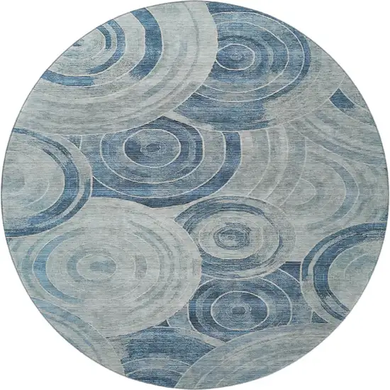 8' Blue And Gray Geometric Washable Round Rug With UV Protection Photo 3