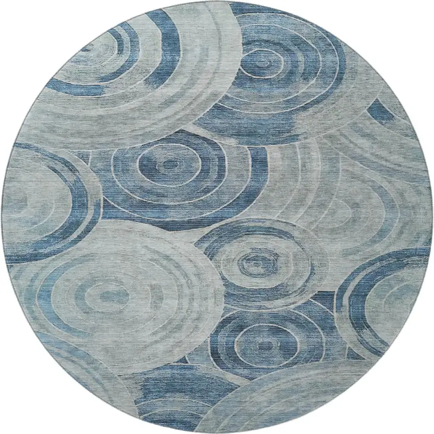 8' Blue And Gray Geometric Washable Round Rug With UV Protection Photo 3
