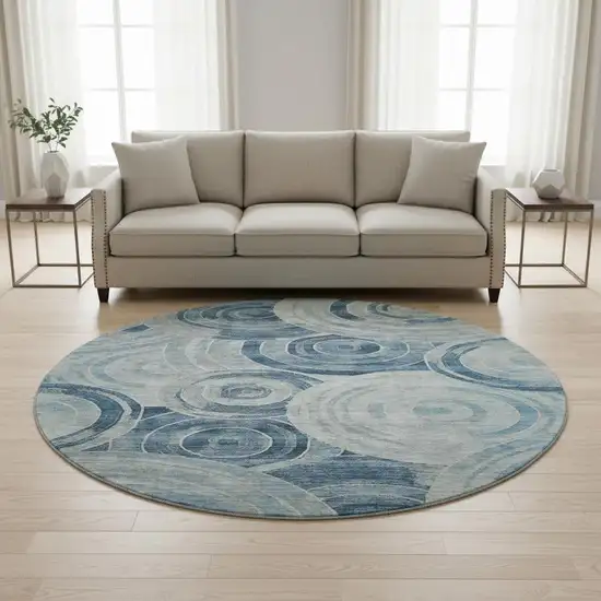 8' Blue And Gray Geometric Washable Round Rug With UV Protection Photo 2
