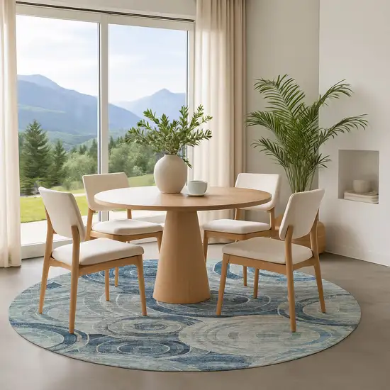 8' Blue And Gray Geometric Washable Round Rug With UV Protection Photo 4
