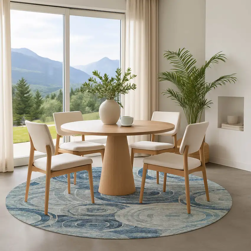 8' Blue And Gray Geometric Washable Round Rug With UV Protection Photo 4