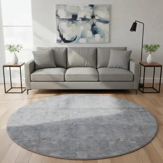 8' Blue And Gray Geometric Washable Round Rug With UV Protection Photo 2