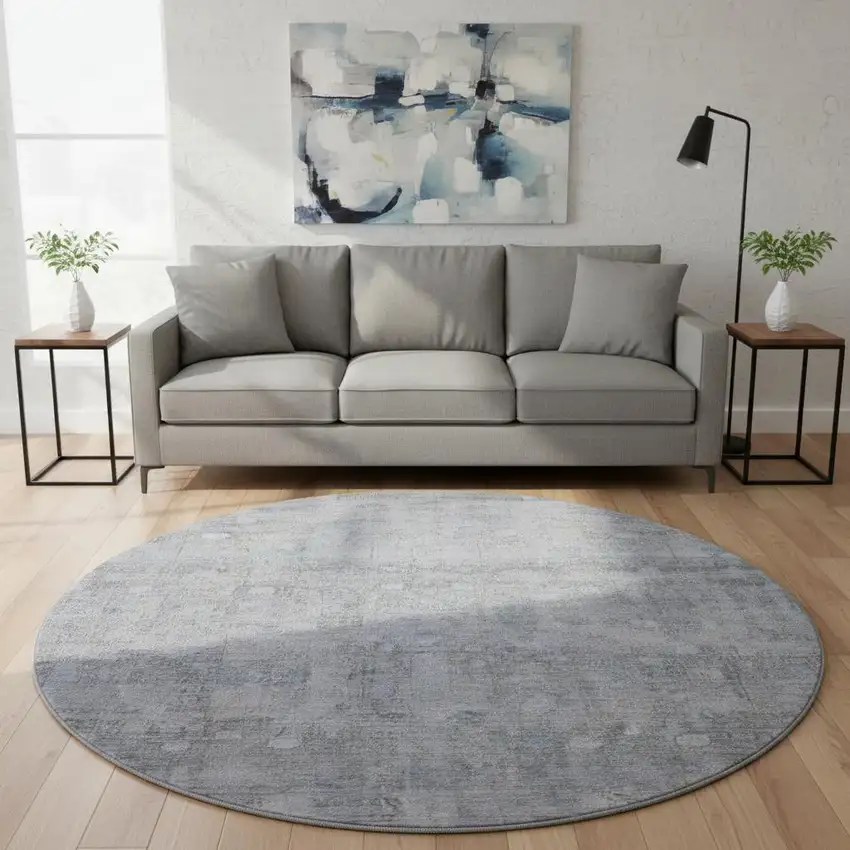 8' Blue And Gray Geometric Washable Round Rug With UV Protection Photo 2