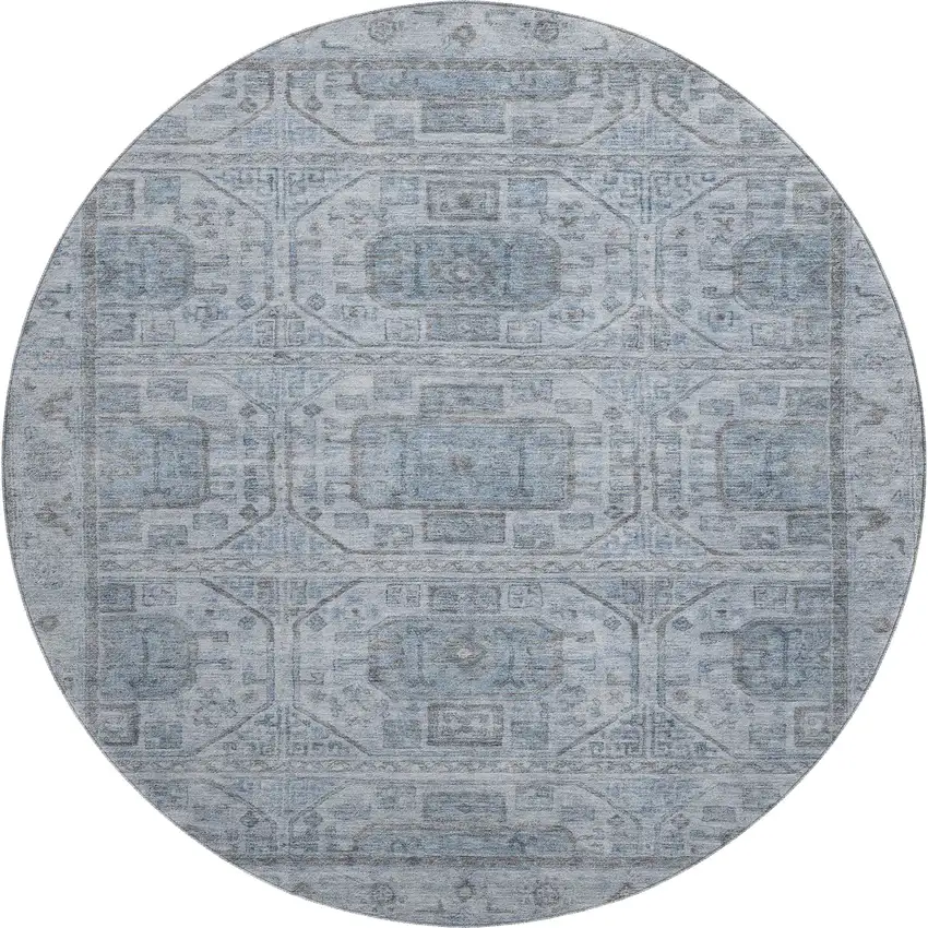 8' Blue And Gray Geometric Washable Round Rug With UV Protection Photo 1