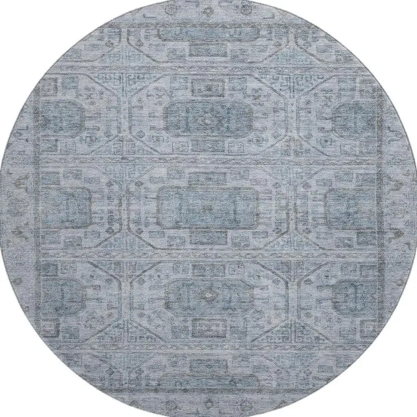 8' Blue And Gray Geometric Washable Round Rug With UV Protection Photo 4
