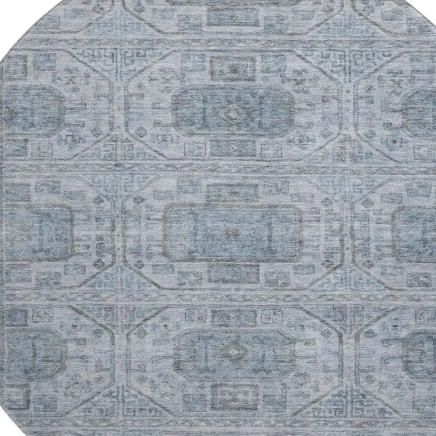 8' Blue And Gray Geometric Washable Round Rug With UV Protection Photo 3