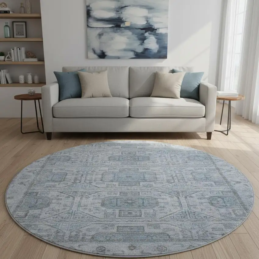 8' Blue And Gray Geometric Washable Round Rug With UV Protection Photo 2