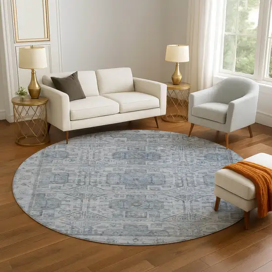 8' Blue And Gray Geometric Washable Round Rug With UV Protection Photo 5