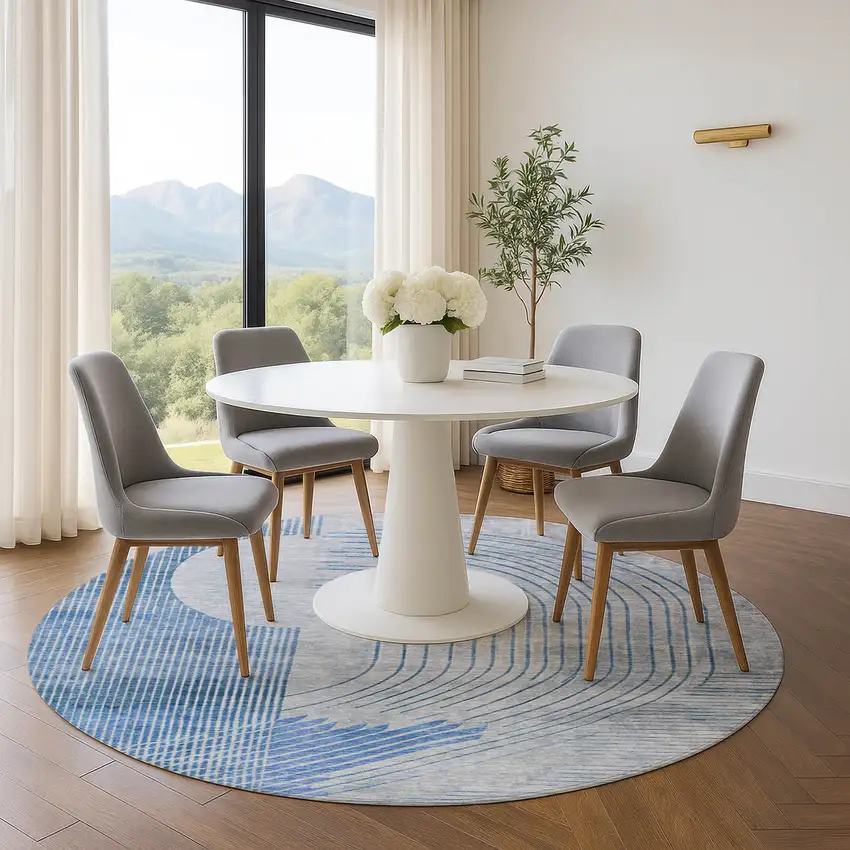 8' Blue And Gray Geometric Washable Round Rug With UV Protection Photo 5