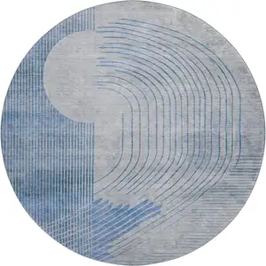 Photo of 8' Blue And Gray Geometric Washable Round Rug With UV Protection
