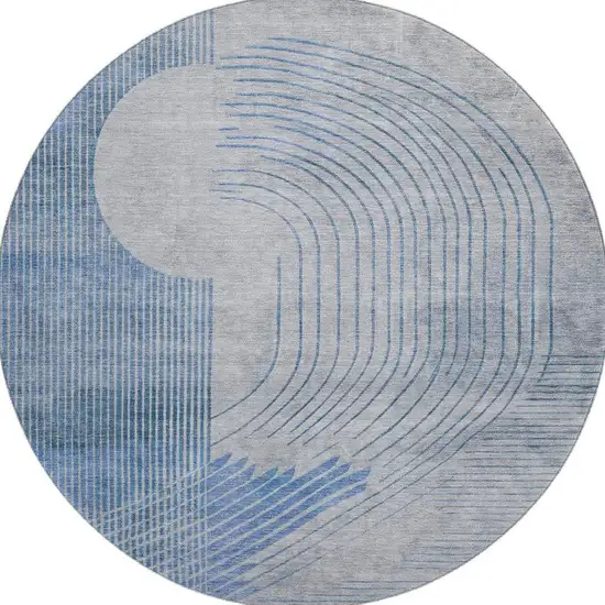 8' Blue And Gray Geometric Washable Round Rug With UV Protection Photo 4