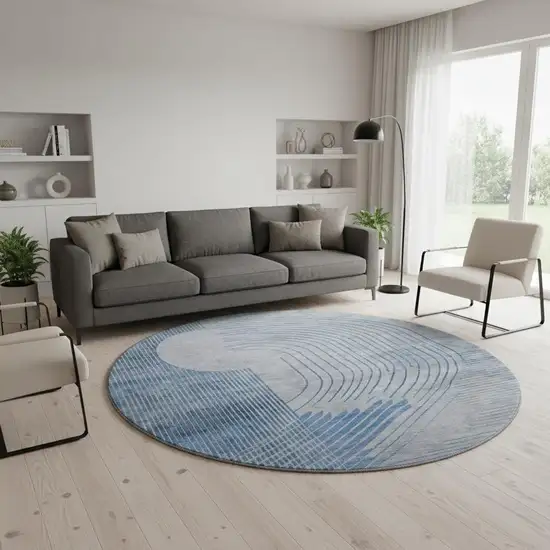 8' Blue And Gray Geometric Washable Round Rug With UV Protection Photo 2