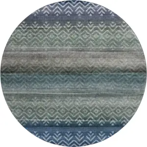 Photo of 8' Blue And Gray Geometric Washable Round Rug With UV Protection
