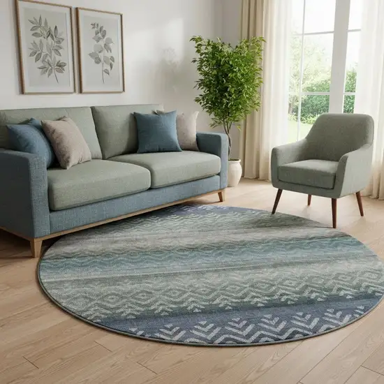 8' Blue And Gray Geometric Washable Round Rug With UV Protection Photo 2