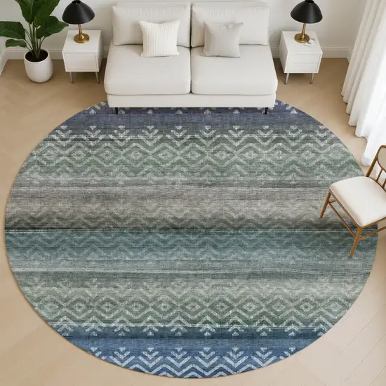 8' Blue And Gray Geometric Washable Round Rug With UV Protection Photo 5