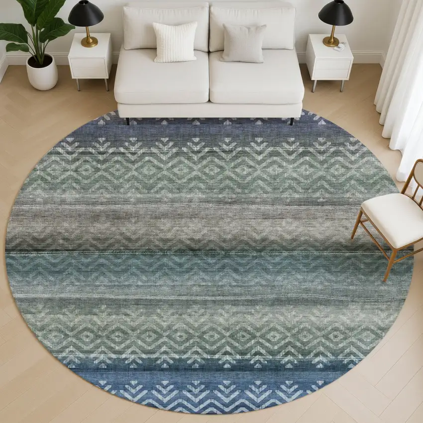 8' Blue And Gray Geometric Washable Round Rug With UV Protection Photo 5