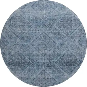 Photo of 8' Blue And Gray Geometric Washable Round Rug With UV Protection