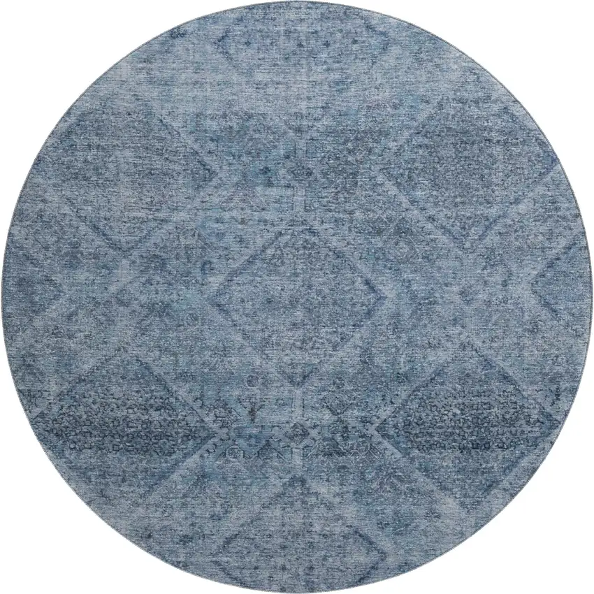 8' Blue And Gray Geometric Washable Round Rug With UV Protection Photo 1