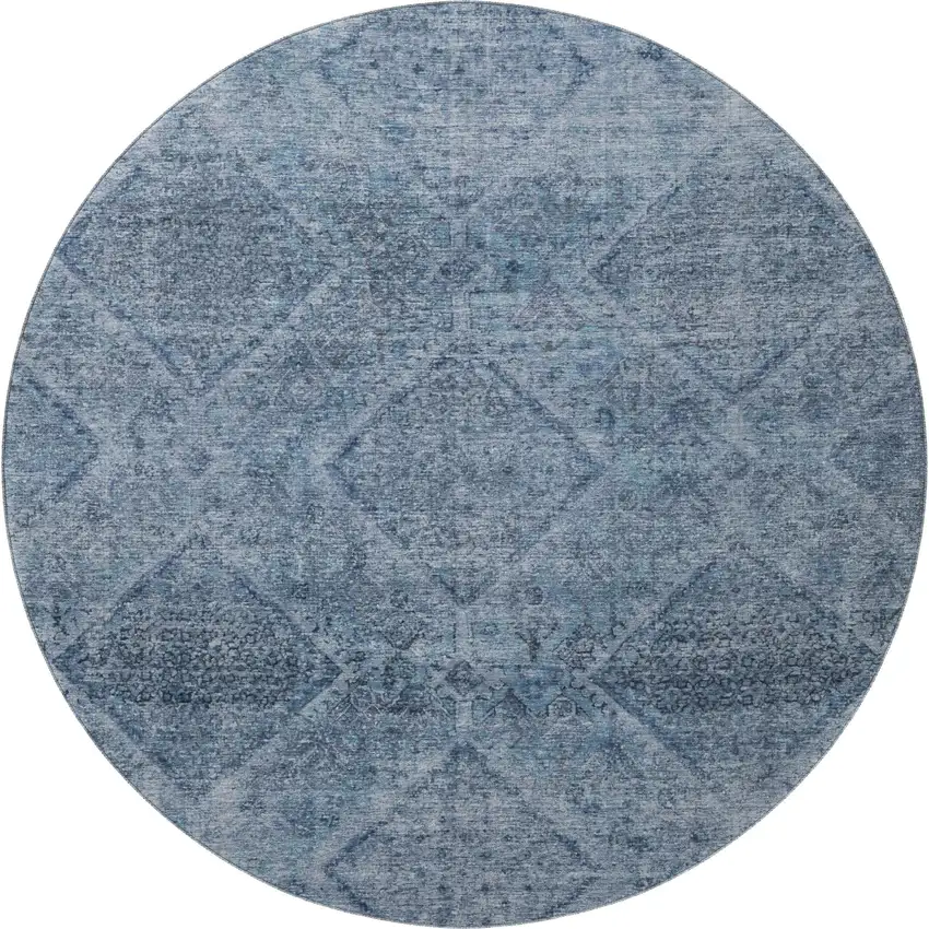 8' Blue And Gray Geometric Washable Round Rug With UV Protection Photo 3